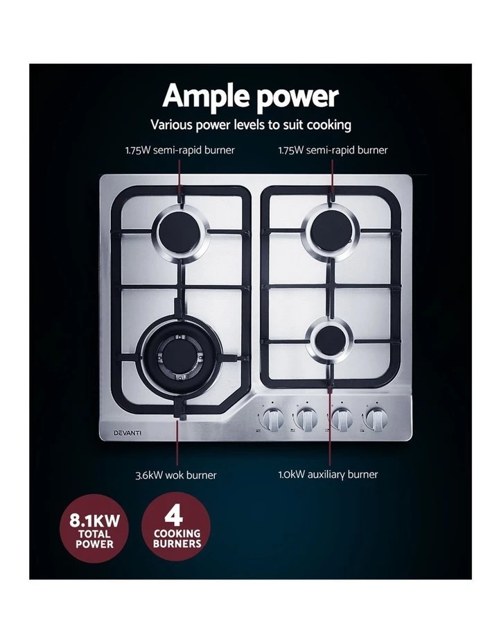 Hot Sale π Devanti Gas Cooktop 60cm Gas Stove Cooker 4 Burner Cook Top Konbs NG LPG Steel π 5 Hot Sale π Devanti Gas Cooktop 60cm Gas Stove Cooker 4 Burner Cook Top Konbs NG LPG Steel π - Image 5